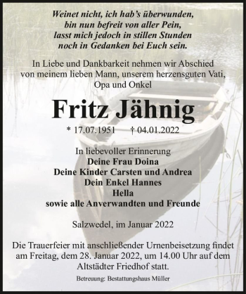 Traueranzeige von Fritz Jähnig  von Magdeburger Volksstimme