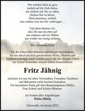 Traueranzeige von Fritz Jähnig  von Magdeburger Volksstimme