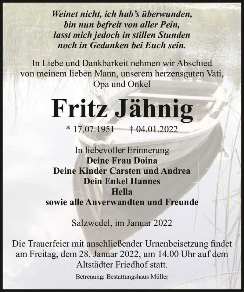  Traueranzeige für Fritz Jähnig  vom 08.01.2022 aus Magdeburger Volksstimme