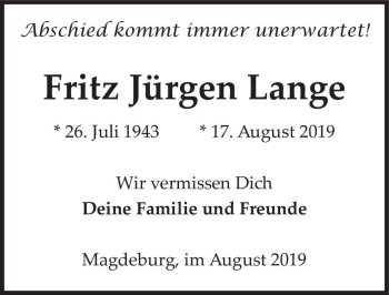 Traueranzeige von Fritz Jürgen Lange  von Magdeburger Volksstimme