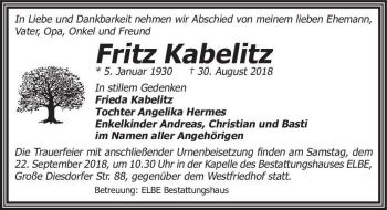 Traueranzeige von Fritz Kabelitz  von Magdeburger Volksstimme