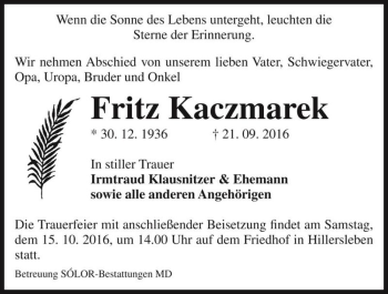 Traueranzeige von Fritz Kaczmarek  von Magdeburger Volksstimme