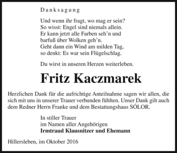 Traueranzeige von Fritz Kaczmarek  von Magdeburger Volksstimme
