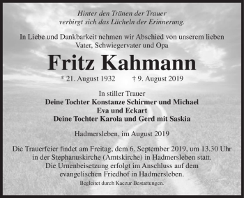 Traueranzeige von Fritz Kahlmann  von Magdeburger Volksstimme