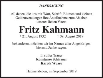 Traueranzeige von Fritz Kahmann  von Magdeburger Volksstimme