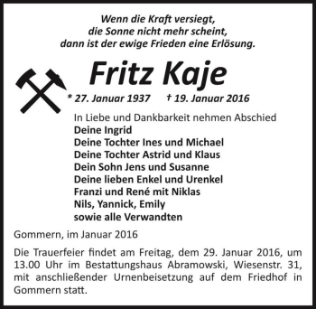 Traueranzeige von Fritz Kaje  von Magdeburger Volksstimme