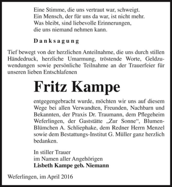 Traueranzeige von Fritz Kampe  von Magdeburger Volksstimme