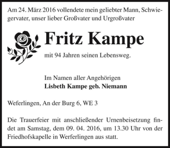 Traueranzeige von Fritz Kampe  von Magdeburger Volksstimme
