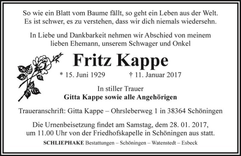  Traueranzeige für Fritz Kappe  vom 18.01.2017 aus Magdeburger Volksstimme