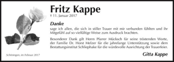 Traueranzeige von Fritz Kappe  von Magdeburger Volksstimme
