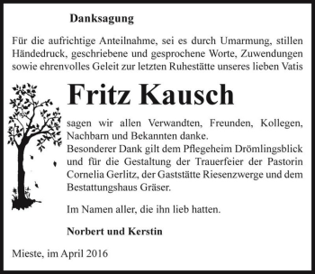 Traueranzeige von Fritz Kausch  von Magdeburger Volksstimme