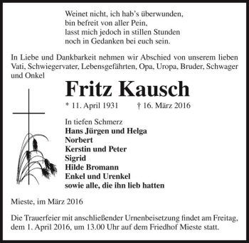 Traueranzeige von Fritz Kausch  von Magdeburger Volksstimme