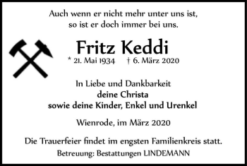 Traueranzeige von Fritz Keddi  von Magdeburger Volksstimme