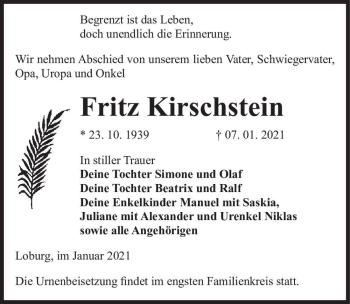 Traueranzeige von Fritz Kirschstein  von Magdeburger Volksstimme