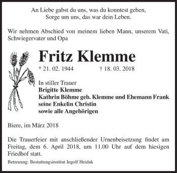 Traueranzeige von Fritz Klemme  von Magdeburger Volksstimme