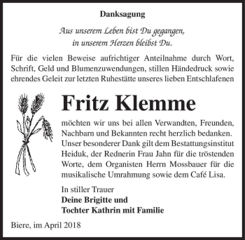 Traueranzeige von Fritz Klemme  von Magdeburger Volksstimme