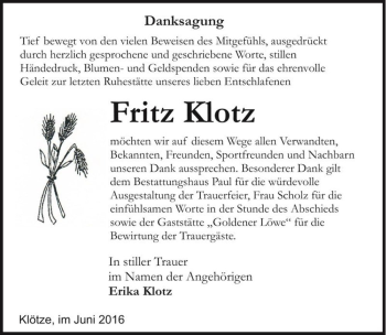 Traueranzeige von Fritz Klotz  von Magdeburger Volksstimme