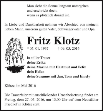 Traueranzeige von Fritz Klotz  von Magdeburger Volksstimme