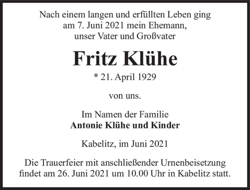  Traueranzeige für Fritz Klühe  vom 12.06.2021 aus Magdeburger Volksstimme