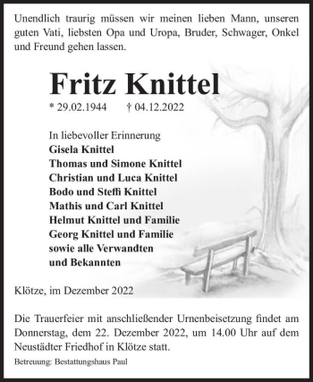 Traueranzeige von Fritz Knittel  von Magdeburger Volksstimme