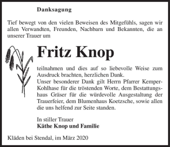 Traueranzeige von Fritz Knop  von Magdeburger Volksstimme