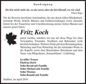 Traueranzeige von Fritz Koch  von Magdeburger Volksstimme