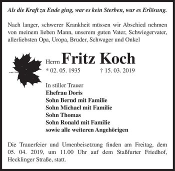 Traueranzeige von Fritz Koch  von Magdeburger Volksstimme