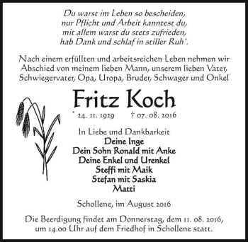 Traueranzeige von Fritz Koch  von Magdeburger Volksstimme