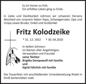 Traueranzeige von Fritz Kolodzeike  von Magdeburger Volksstimme