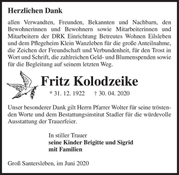 Traueranzeige von Fritz Kolodzeike  von Magdeburger Volksstimme