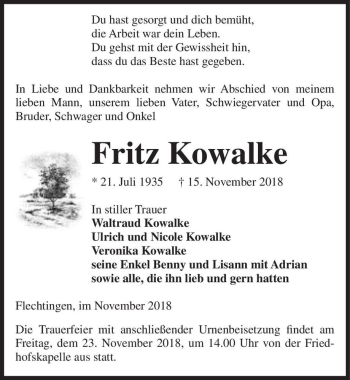 Traueranzeige von Fritz Kowalke  von Magdeburger Volksstimme