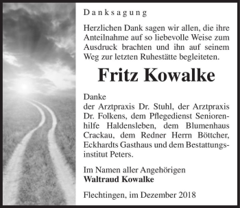 Traueranzeige von Fritz Kowalke  von Magdeburger Volksstimme