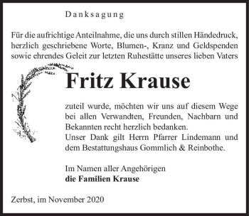 Traueranzeige von Fritz Krause  von Magdeburger Volksstimme