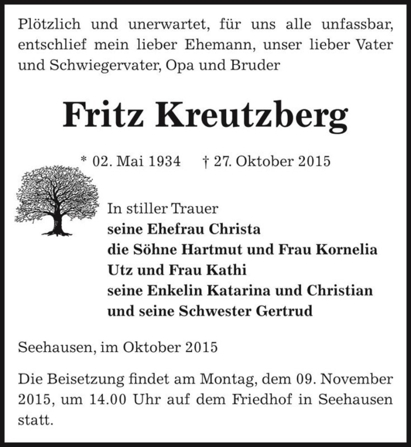  Traueranzeige für Fritz Kreutzberg  vom 04.11.2015 aus Magdeburger Volksstimme