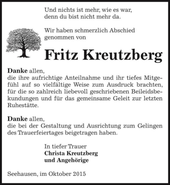 Traueranzeige von Fritz Kreutzberg  von Magdeburger Volksstimme