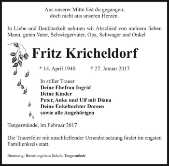 Traueranzeige von Fritz Kricheldorf  von Magdeburger Volksstimme