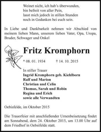 Traueranzeige von Fritz Kromphorn  von Magdeburger Volksstimme