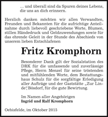 Traueranzeige von Fritz Kromphorn  von Magdeburger Volksstimme