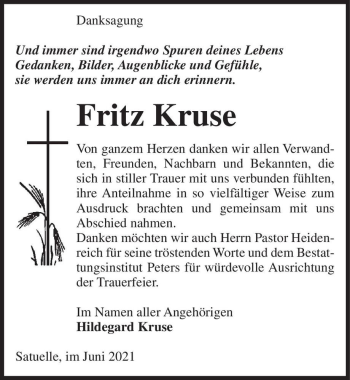 Traueranzeige von Fritz Kruse  von Magdeburger Volksstimme
