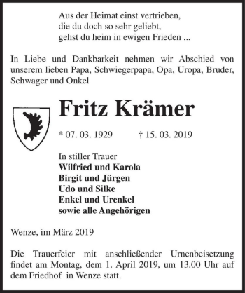 Traueranzeige von Fritz Krämer  von Magdeburger Volksstimme