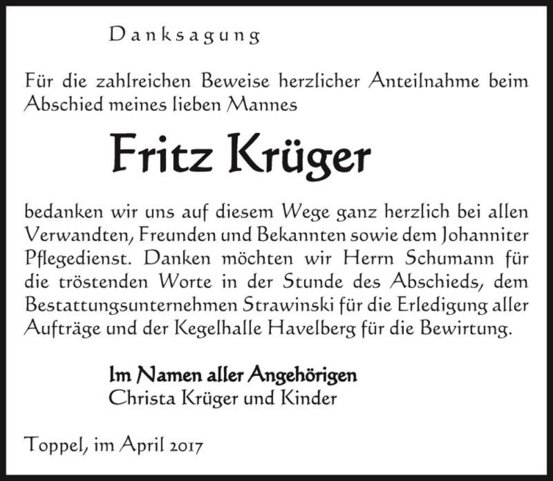  Traueranzeige für Fritz Krüger  vom 29.04.2017 aus Magdeburger Volksstimme