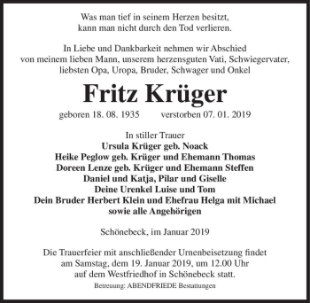 Traueranzeige von Fritz Krüger  von Magdeburger Volksstimme