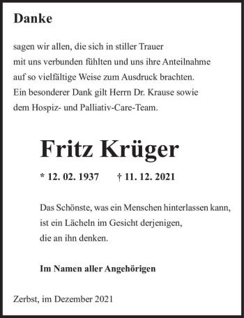 Traueranzeige von Fritz Krüger  von Magdeburger Volksstimme