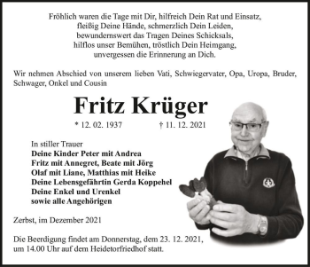 Traueranzeige von Fritz Krüger  von Magdeburger Volksstimme