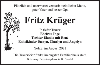 Traueranzeige von Fritz Krüger  von Magdeburger Volksstimme