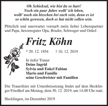 Traueranzeige von Fritz Köhn  von Magdeburger Volksstimme