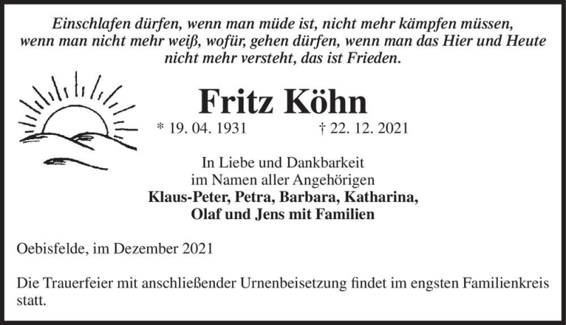  Traueranzeige für Fritz Köhn  vom 24.12.2021 aus Magdeburger Volksstimme