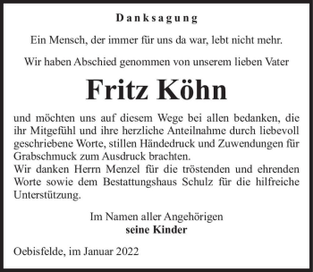 Traueranzeige von Fritz Köhn  von Magdeburger Volksstimme