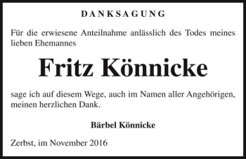 Traueranzeige von Fritz Könnicke  von Magdeburger Volksstimme