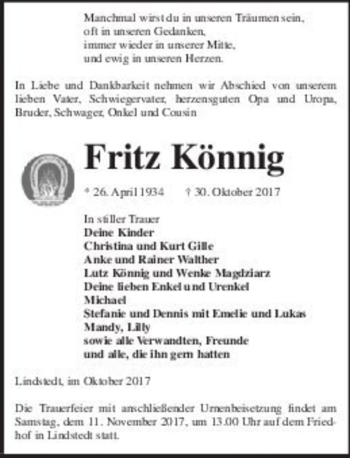 Traueranzeige von Fritz Könnig  von Magdeburger Volksstimme